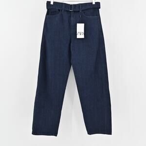 Zara Womens Wide Leg Jeans Size 4 Blue High‎ Rise Belted Denim Pant Western NEW